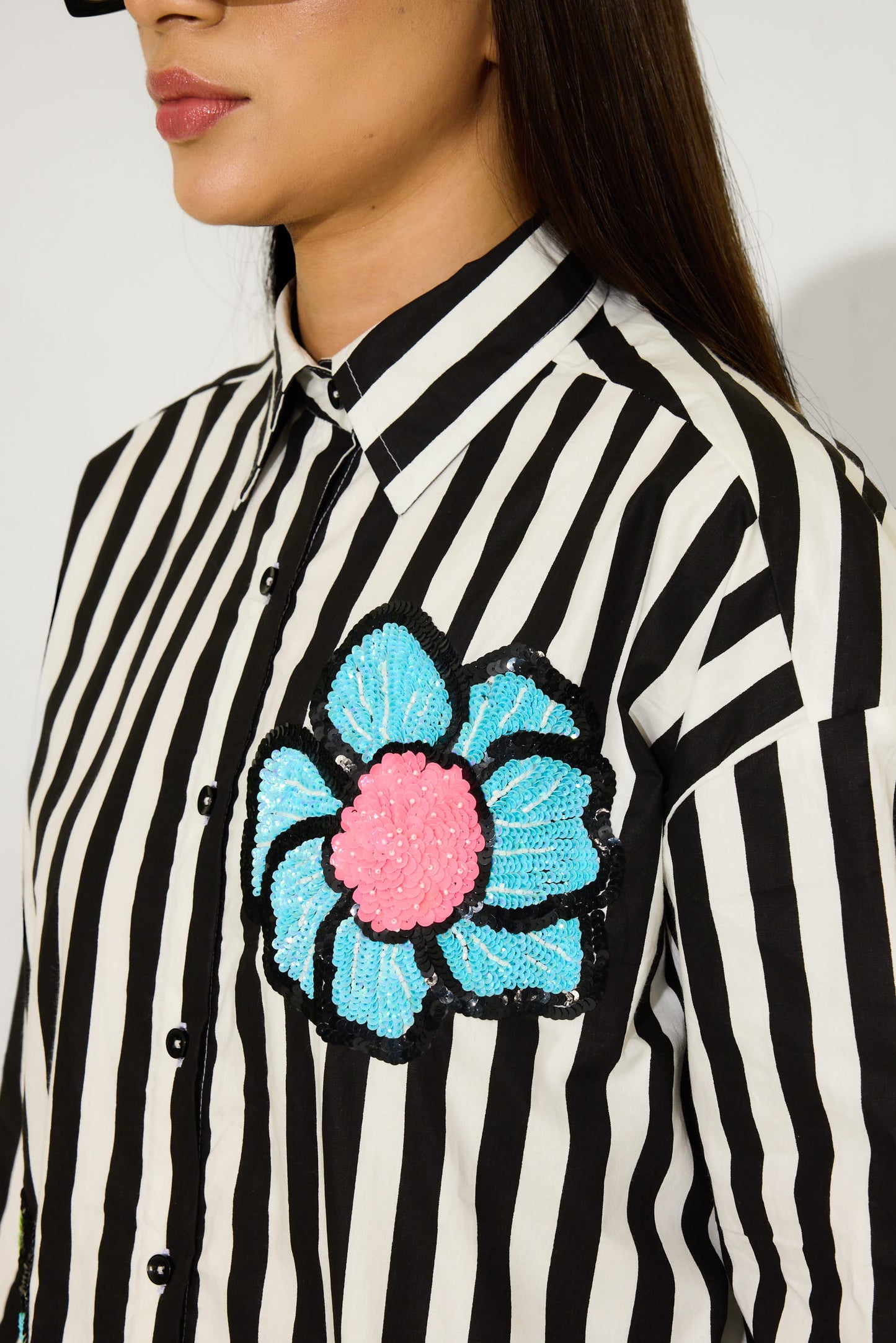 B&W Stripes Hand Embroidered Shirt