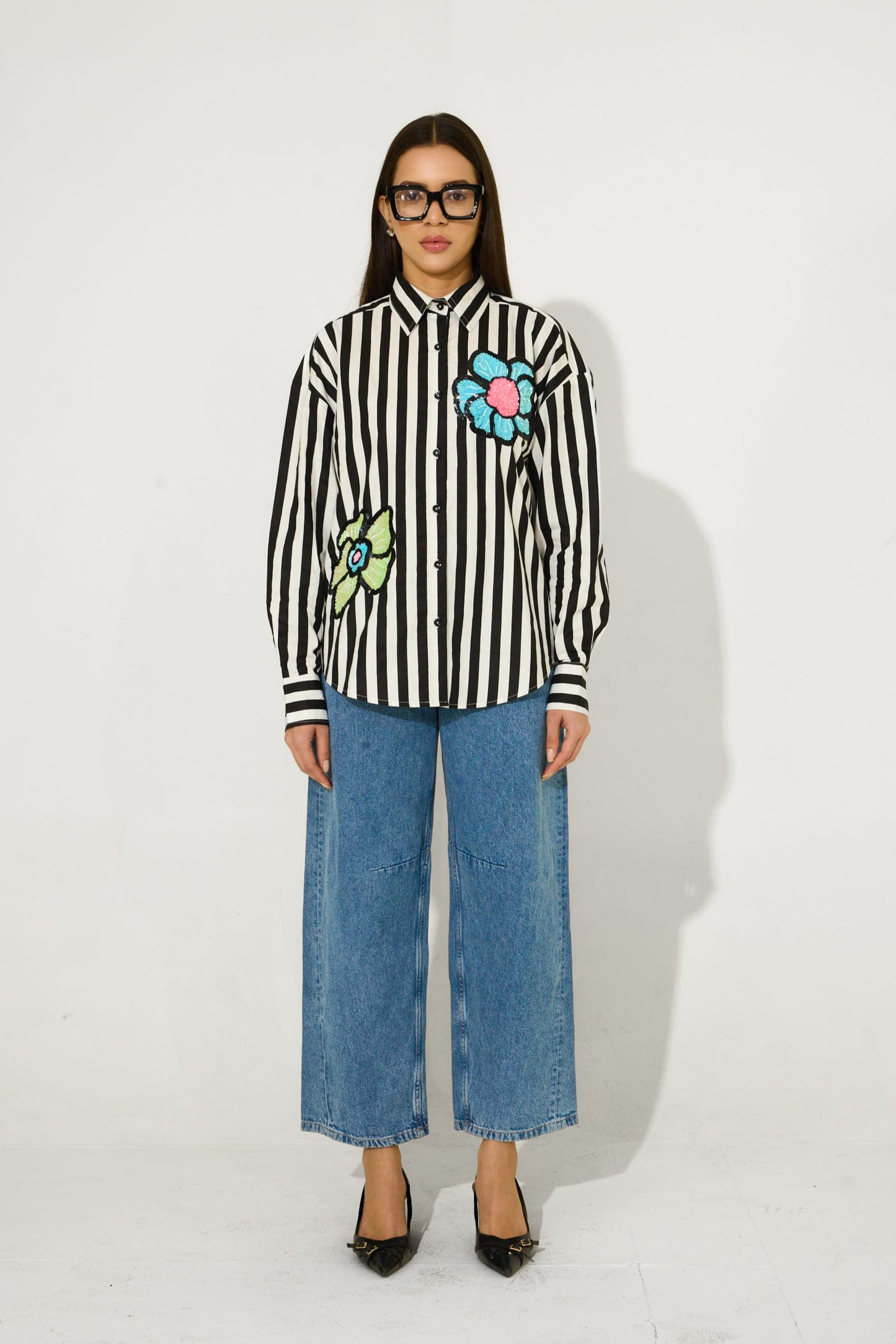 B&W Stripes Hand Embroidered Shirt