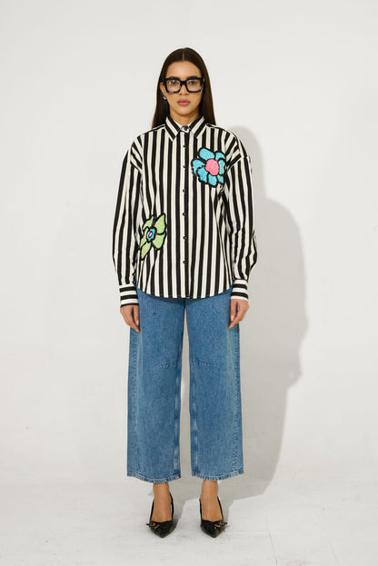 B&W Stripes Hand Embroidered Shirt