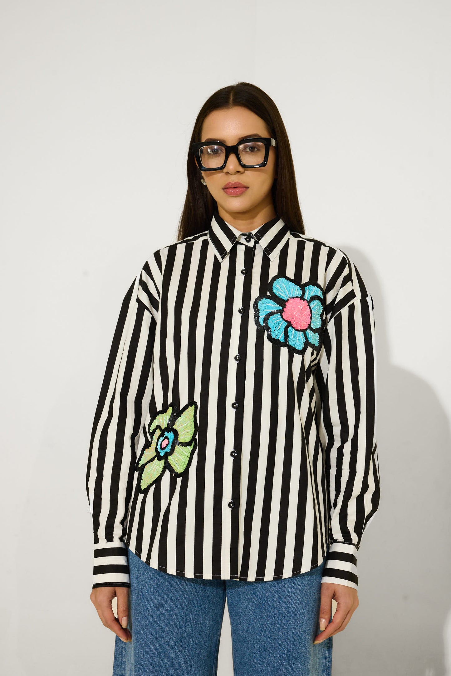 B&W Stripes Hand Embroidered Shirt