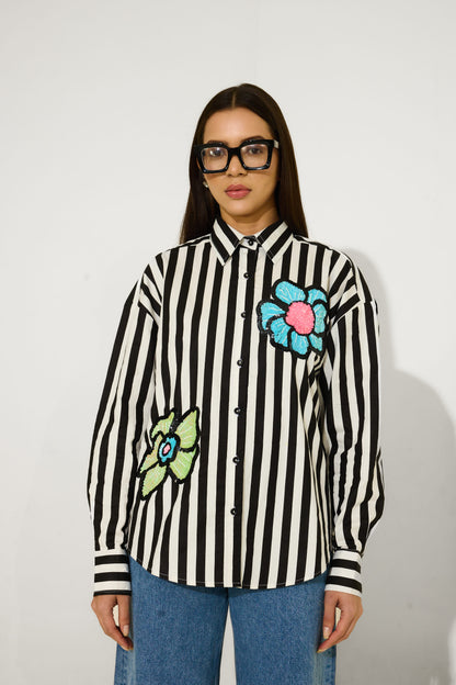 B&W Stripes Hand Embroidered Shirt