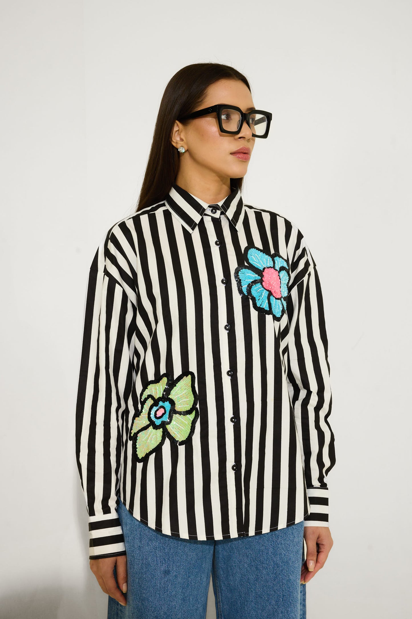 B&W Stripes Hand Embroidered Shirt