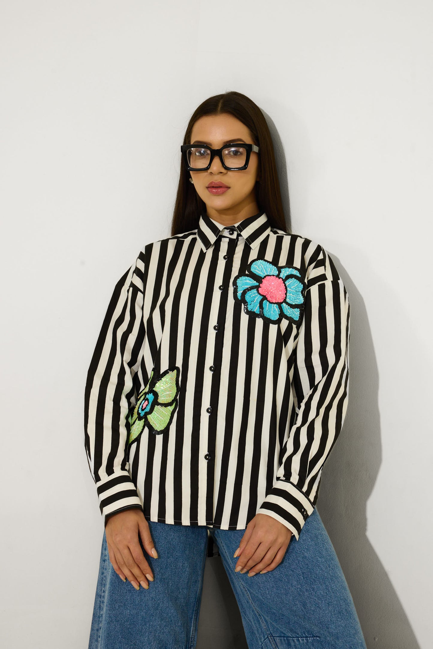 B&W Stripes Hand Embroidered Shirt