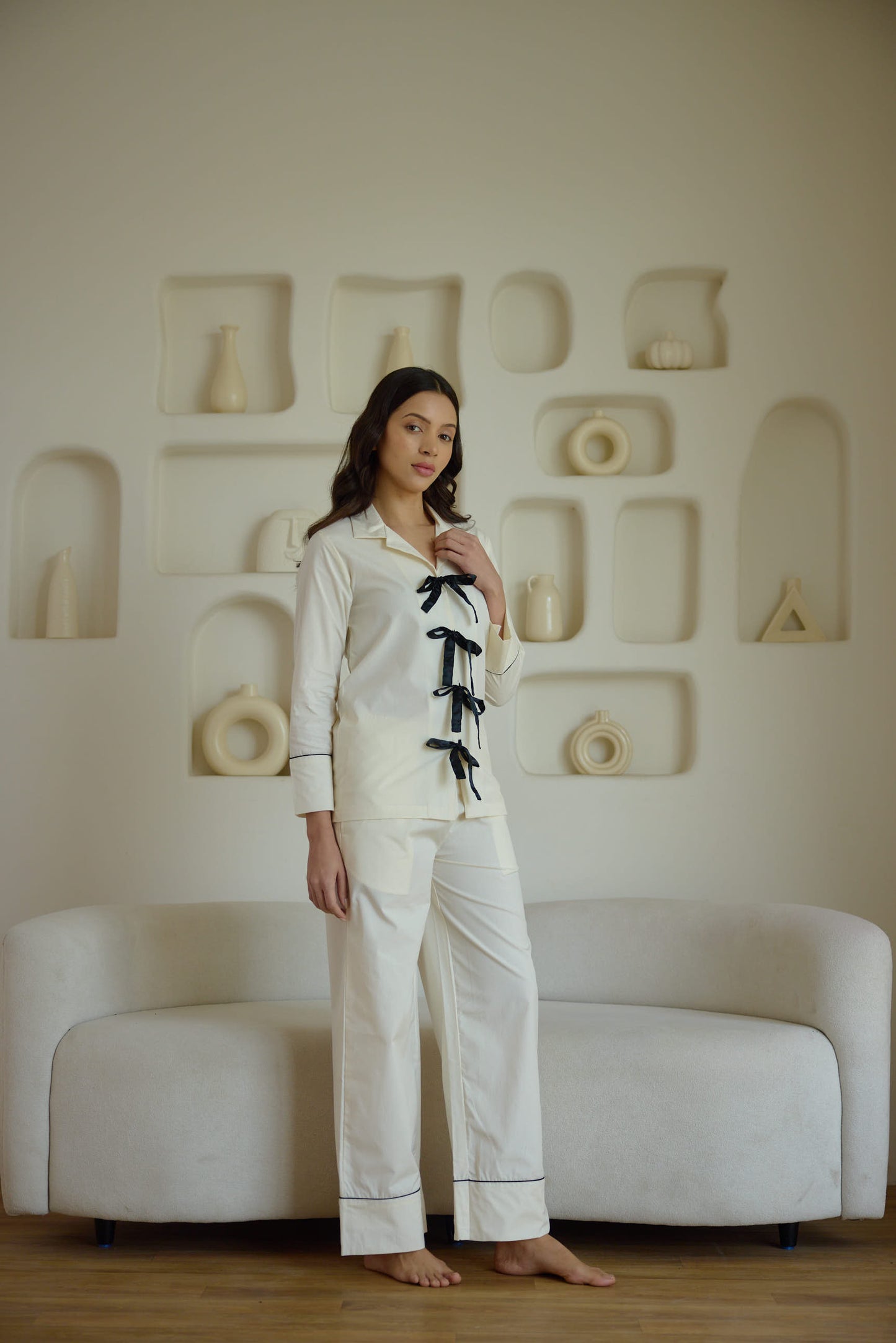 Light Cream Ribbon Pyjama Set