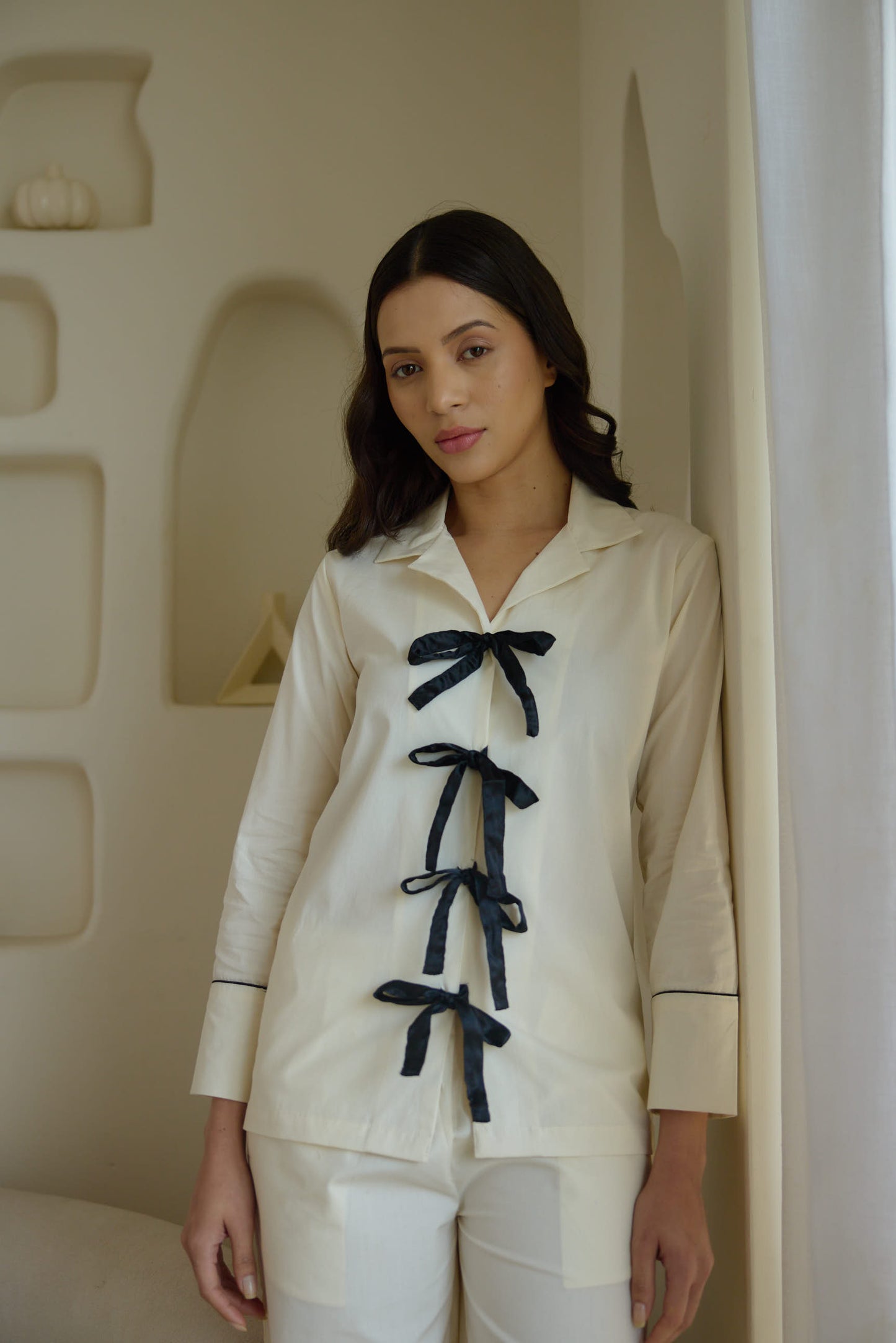 Light Cream Ribbon Pyjama Set