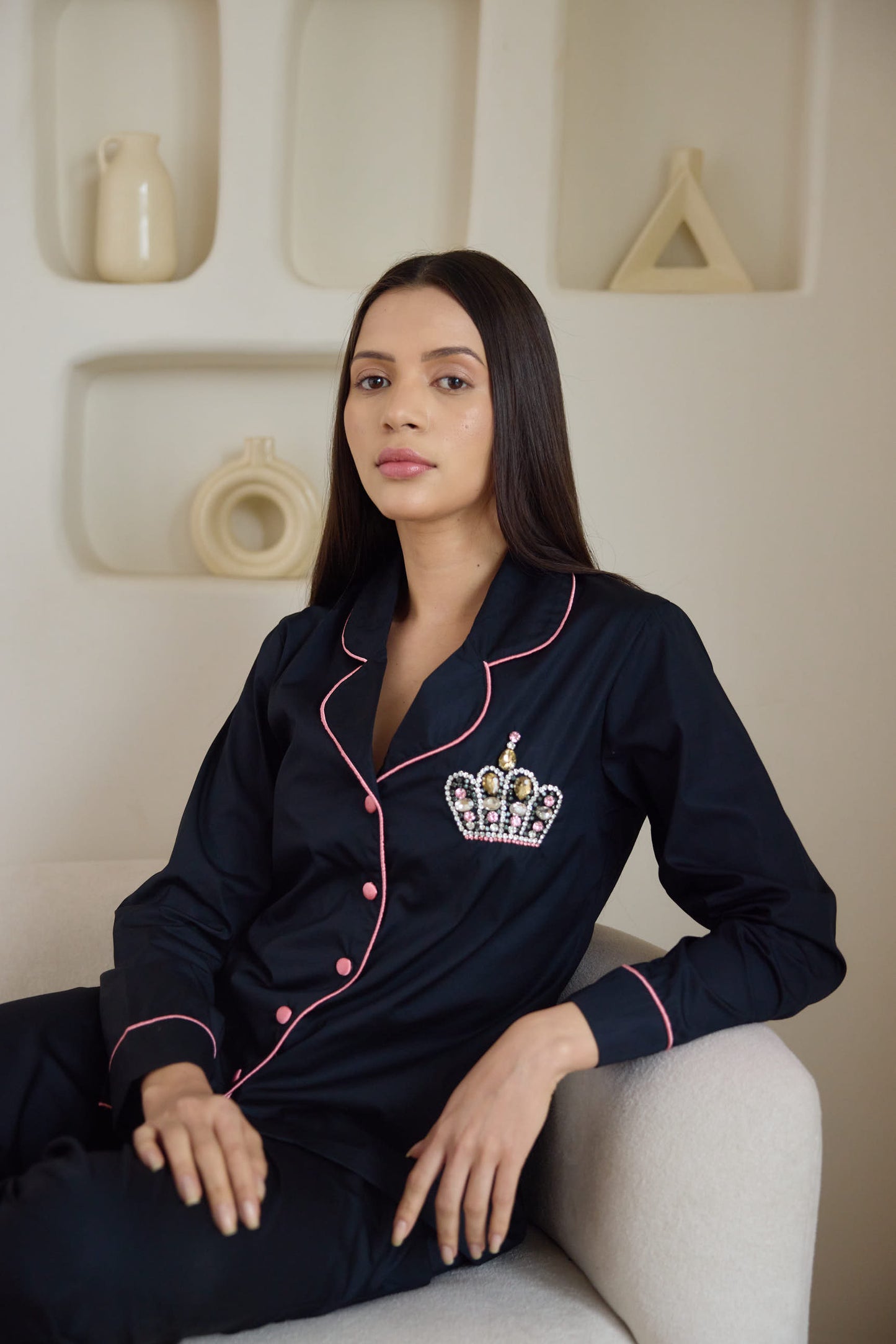 Crown Hand Embroidered Pyjama Set