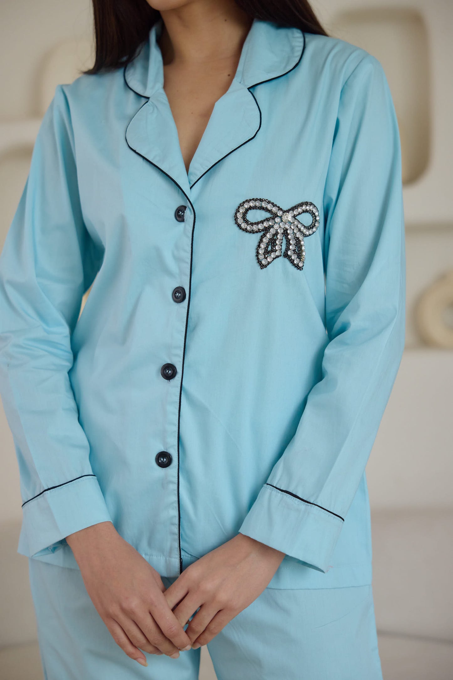 Bow Hand Embroidered Pyjama Set