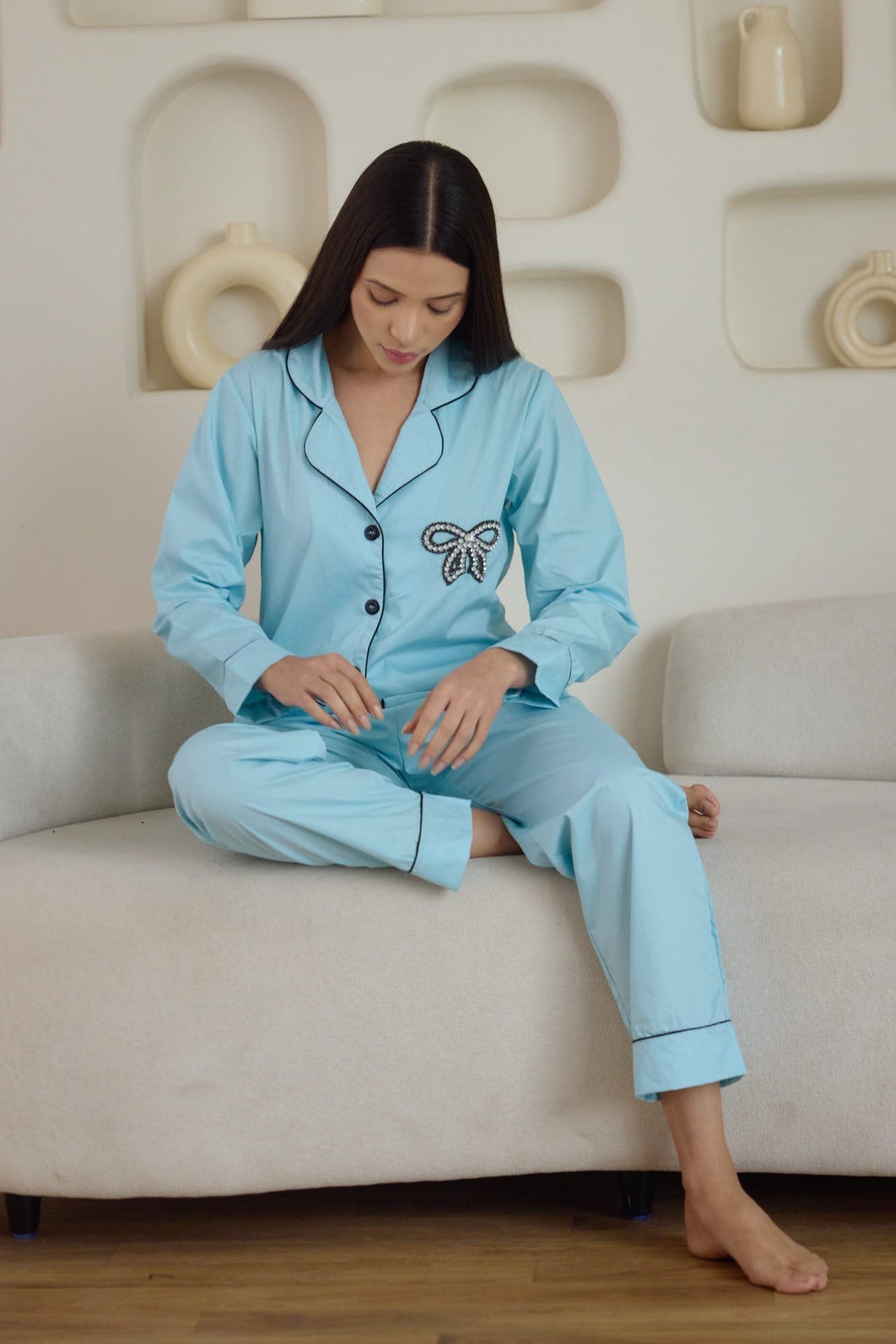 Bow Hand Embroidered Pyjama Set