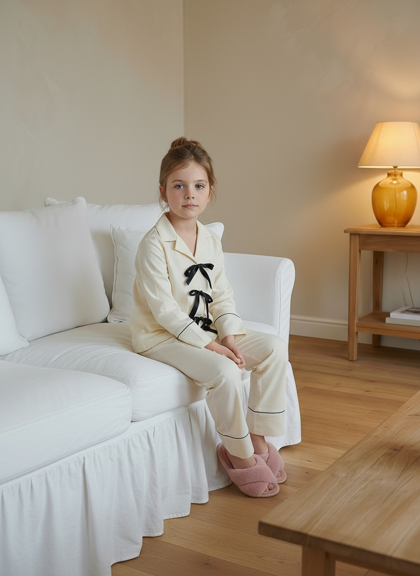 Light Cream Ribbon Pyjama Set (Kids)
