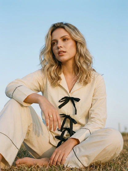 Light Cream Ribbon Pyjama Set